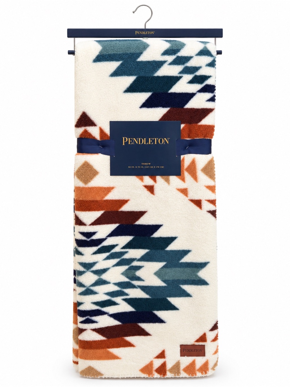 NWT Pendleton Geometric Aztec Fleece Throw in Cream, Teal & Rust 50 x 70